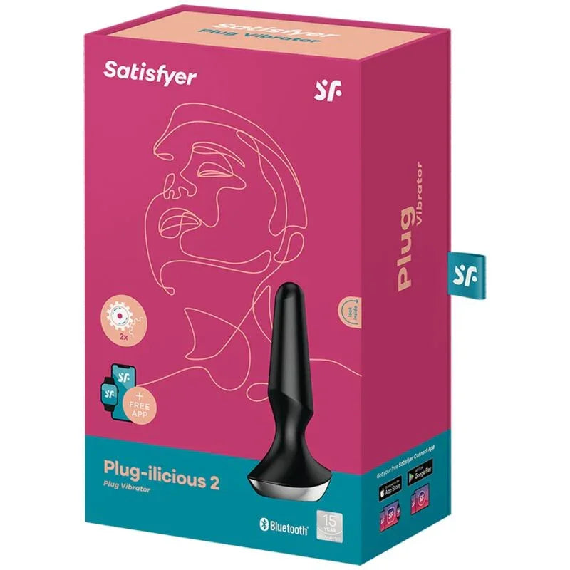 Boîte rose et turquoise du Satisfyer Plug-ilicious 2 noir