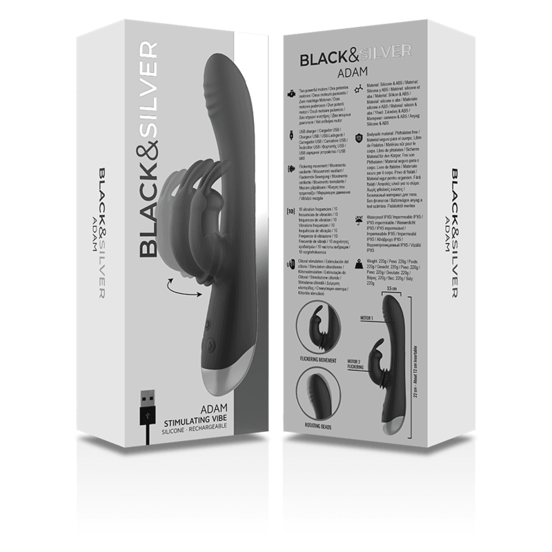 Dj. stimulateur de lapin rechargeable en silicone adam noir – Black & Silver