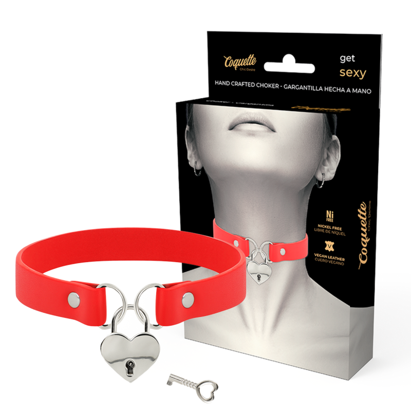 COQUETTE CHIC DESIRE - COLLAR DE CUERO VEGANO ROJO CON ACCESORIO DE CORAZÓN ¿CON LLAVE?