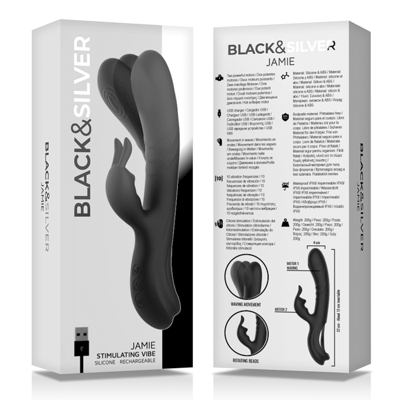 Stimulateur de lapin en silicone rechargeable jamie noir – Black & Silver
