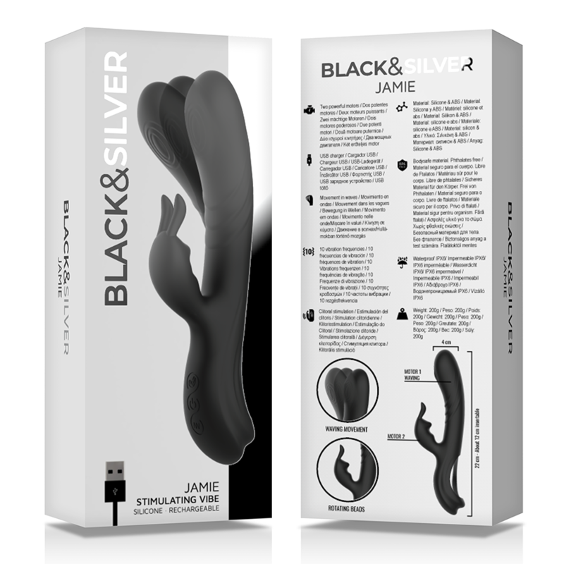 Stimulateur de lapin en silicone rechargeable jamie noir – Black & Silver