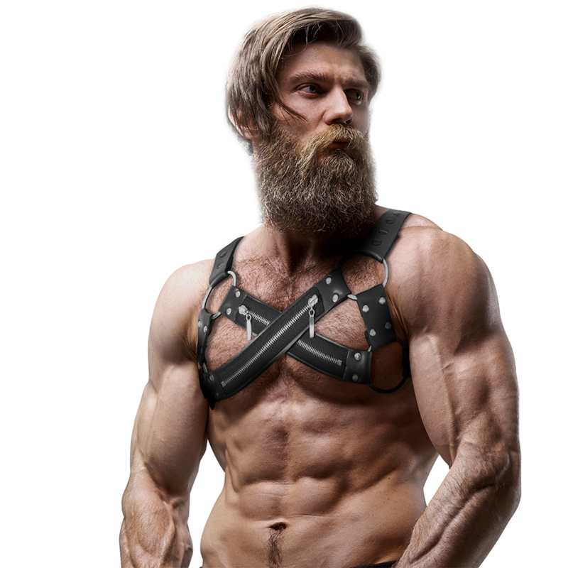 FETISH SUBMISSIVE ATTITUDE - HARNAIS DE POITRINE CROISÉ EN NÉOPRÈNE RÉGLABLE AVEC FERMETURES GLISSIÈRE POUR HOMMES
