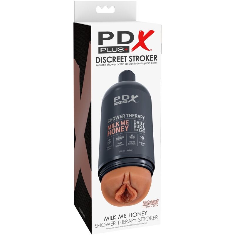 PDX PLUS - MASTURBADOR STROKER DISEÑO DE BOTELLA DISCRETO MILK ME CHAMPÚ DE CARAMELO DE MIEL
