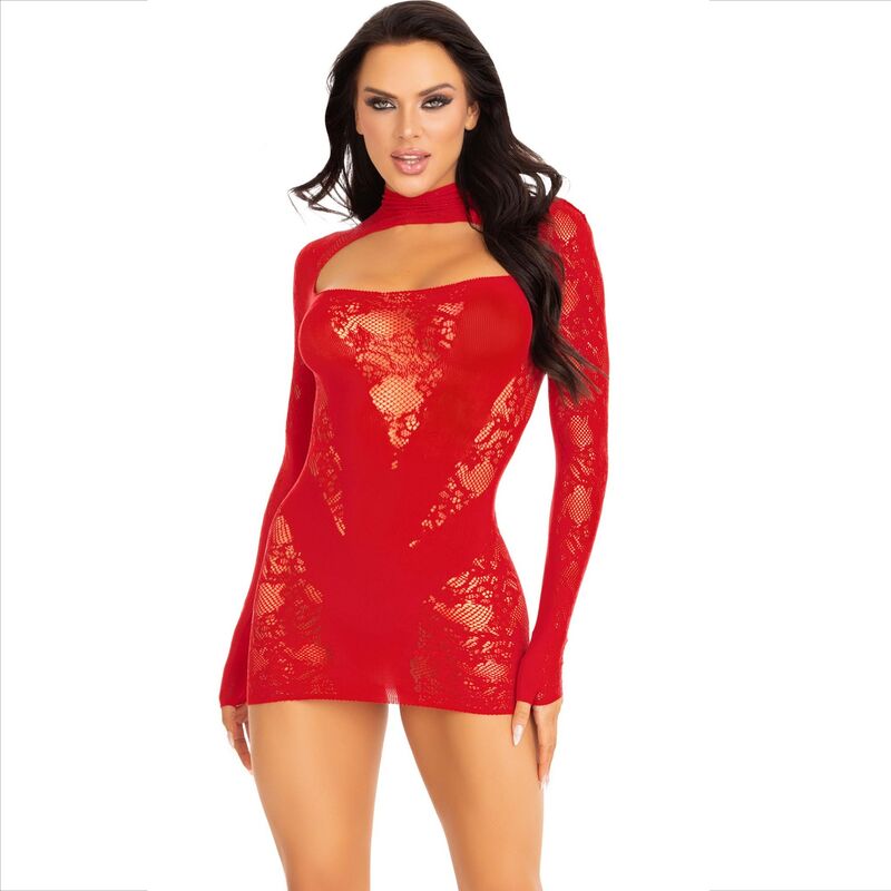 LEG AVENUE - MINIVESTIDO DE ENCAJE DE MANGA LARGA ROJO