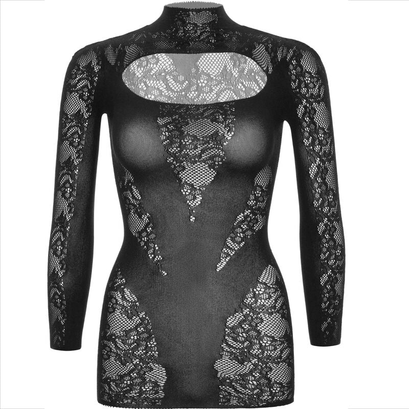 LEG AVENUE - MINI VESTIDO DE ENCAJE NEGRO CON MANGAS LARGAS