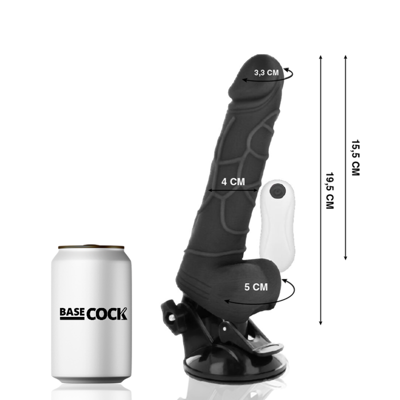 BASECOCK - VIBRADOR CONTROL REMOTO NEGRO REALISTA CON TESTICULOS 19.5 CM -O- 4 CM