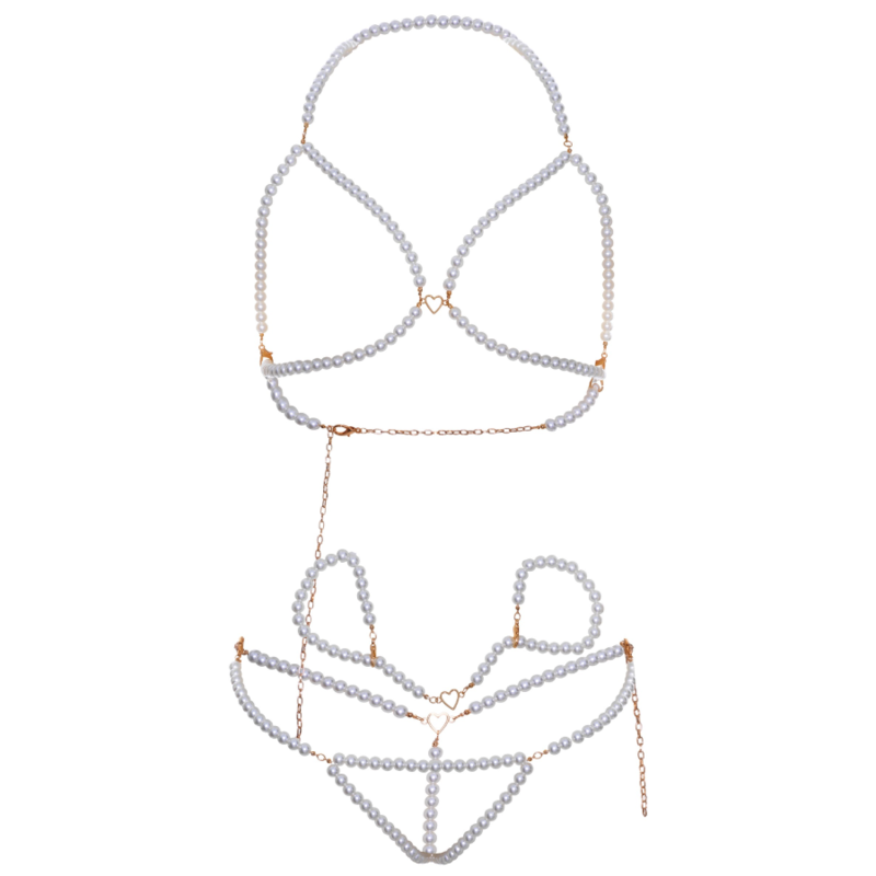 LEG AVENUE - CONJUNTO DE SUJETADOR DE PERLAS Y TANGA CON PULSERA