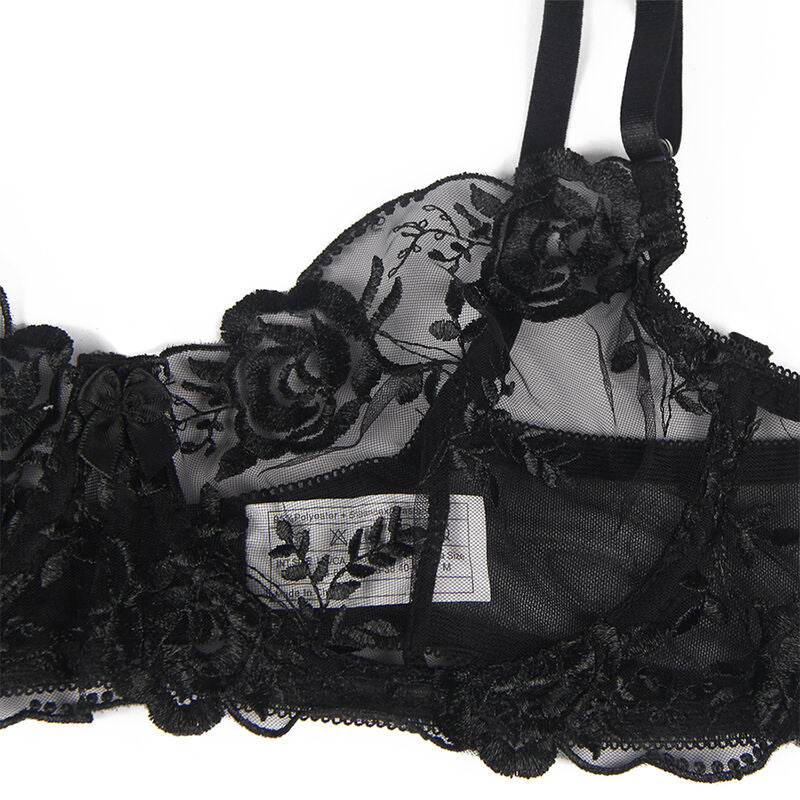 SUBBLIME - CONJUNTO DE 3 PIEZAS SUJETADOR + TANGA + LIGUERO ESTAMPADO FLORAL NEGRO L/XL