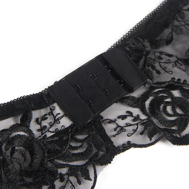 SUBBLIME - CONJUNTO DE 3 PIEZAS SUJETADOR + TANGA + LIGUERO ESTAMPADO FLORAL NEGRO L/XL