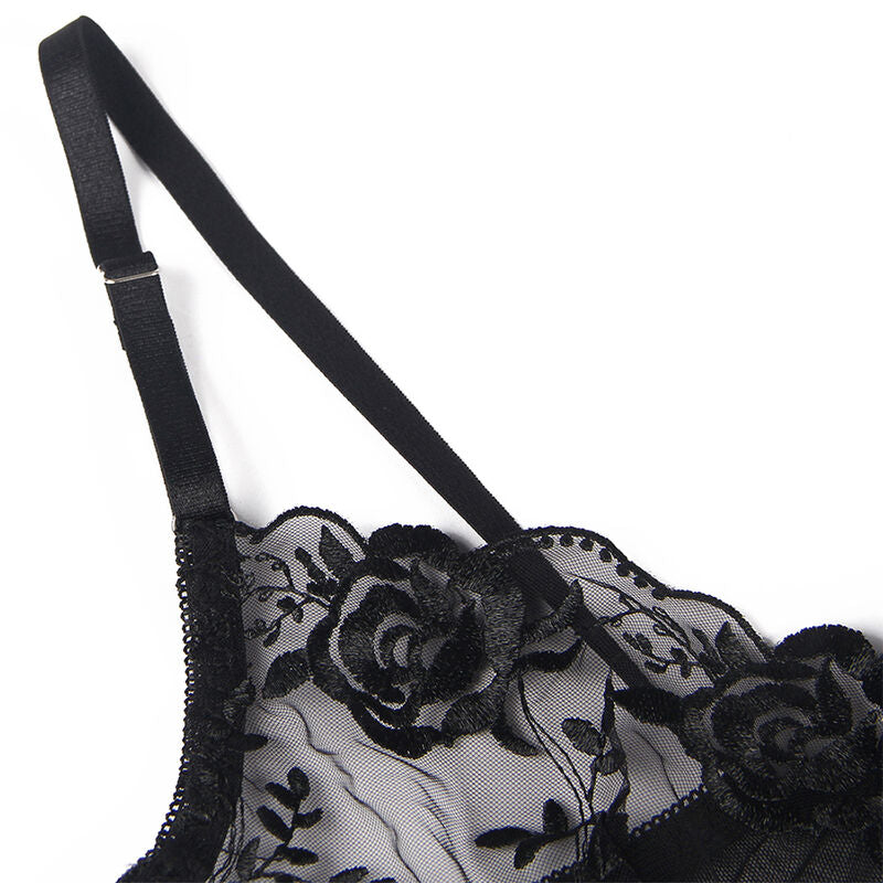 SUBBLIME - CONJUNTO DE 3 PIEZAS SUJETADOR + TANGA + LIGUERO ESTAMPADO FLORAL NEGRO L/XL
