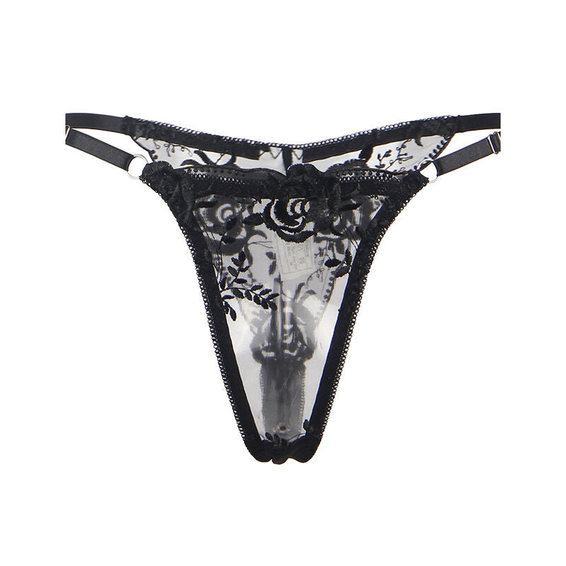 SUBBLIME - CONJUNTO DE 3 PIEZAS SUJETADOR + TANGA + LIGUERO ESTAMPADO FLORAL NEGRO L/XL