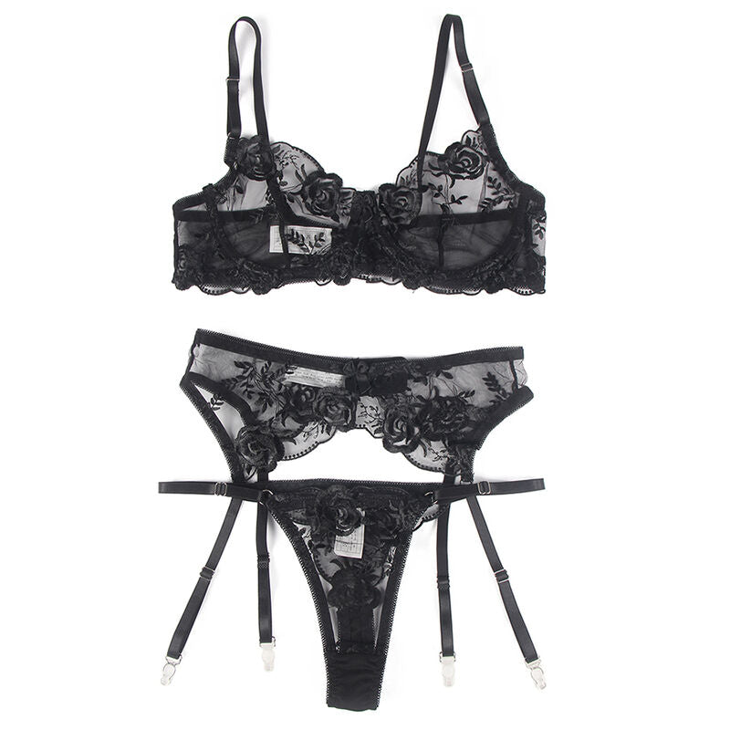 SUBBLIME - CONJUNTO DE 3 PIEZAS SUJETADOR + TANGA + LIGUERO ESTAMPADO FLORAL NEGRO L/XL