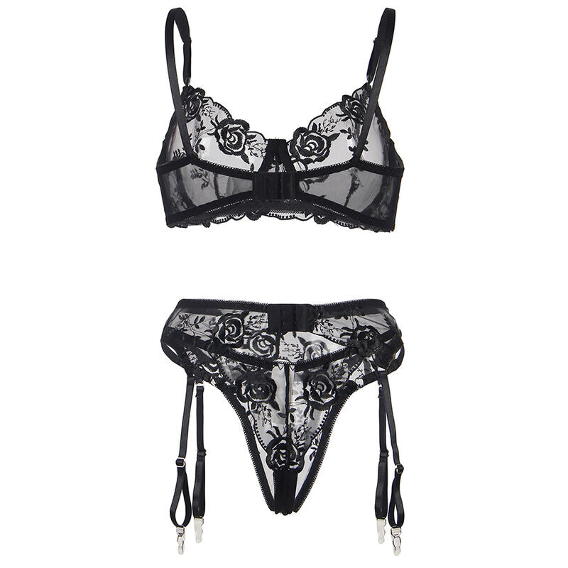 SUBBLIME - CONJUNTO DE 3 PIEZAS SUJETADOR + TANGA + LIGUERO ESTAMPADO FLORAL NEGRO L/XL