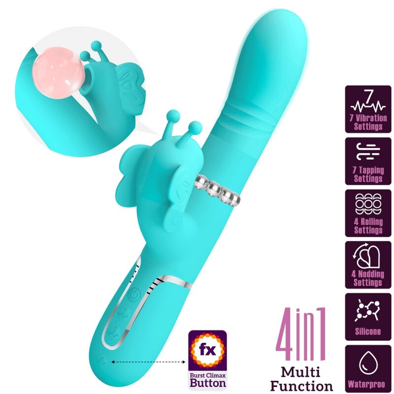 PRETTY LOVE - VIBRADOR CONEJO MULTIFUNCIONAL 4 EN 1 MARIPOSA VERDE AGUA