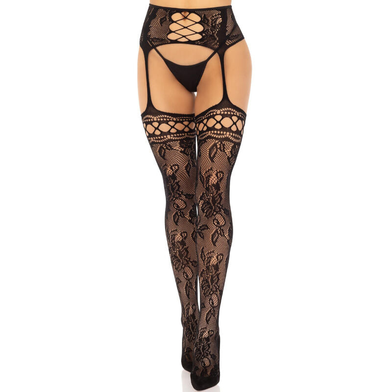 LEG AVENUE - MEDIAS DE LIGA DE ENCAJE FLORAL NEGRO