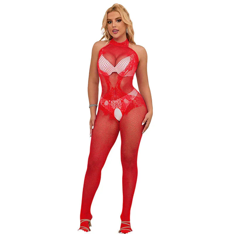Subblime – 952372 Bodystocking Résille et Dentelle sans Fourrure Col Montant Rouge taille