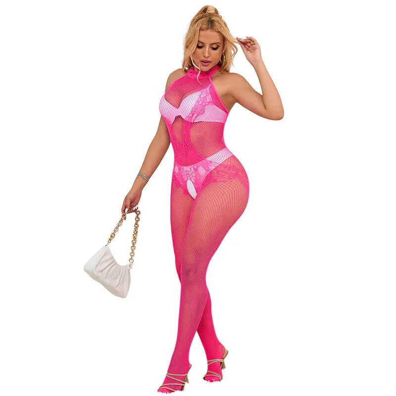 Subblime – 952389 Bodystocking Résille et Dentelle sans Fourrure avec Col Montant Rose taille