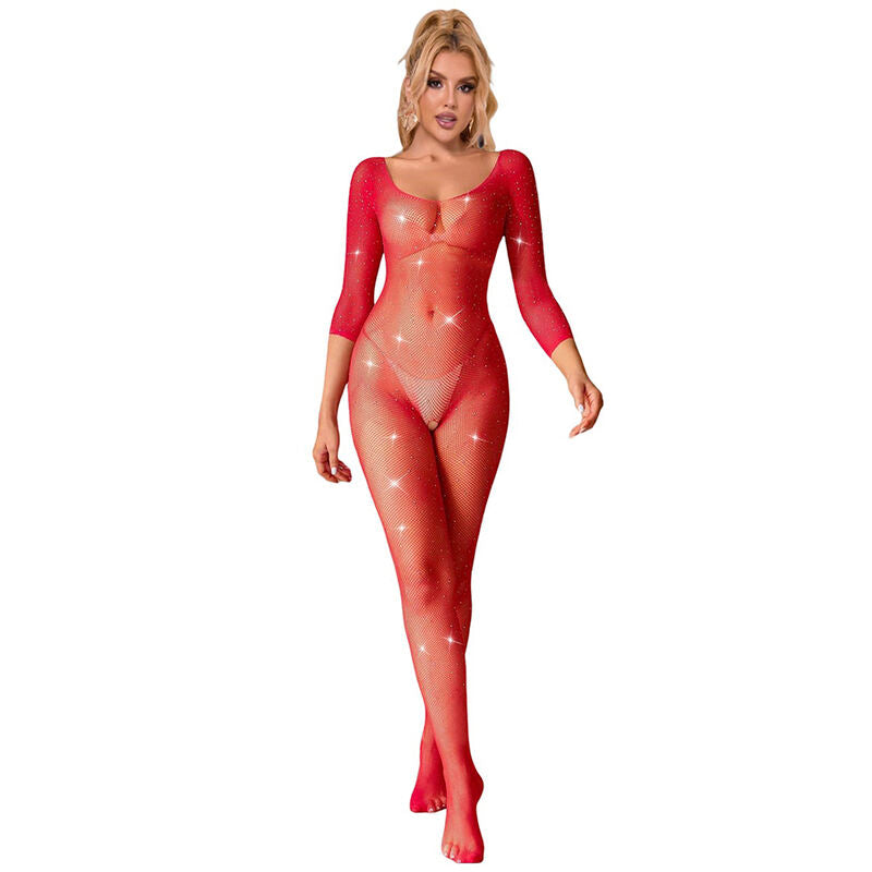 SUBBLIME - 952419 Bodystocking de rejilla con diamantes, mangas largas, rojo, talla única