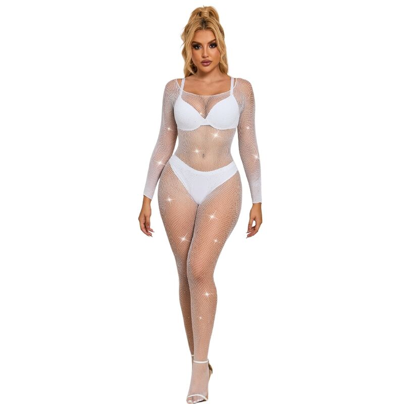 SUBBLIME - 952396 Bodystocking de rejilla con diamantes, mangas largas, blanco, talla única