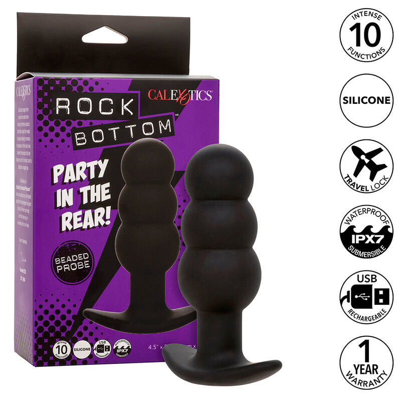 CALEXOTICS - PLUG ANAL CON CUENTAS, FONDO DE ROCA, 10 VIBRACIONES, SILICONA NEGRA