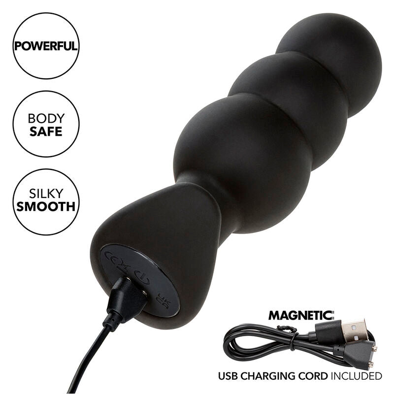 CALEXOTICS - PLUG ANAL CON CUENTAS, FONDO DE ROCA, 10 VIBRACIONES, SILICONA NEGRA