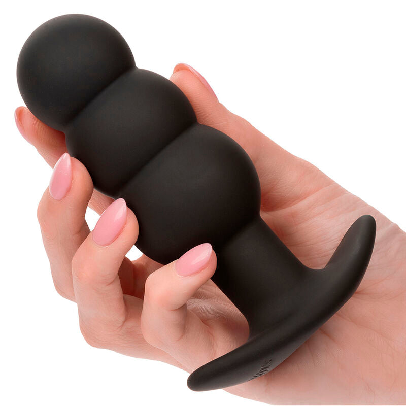 CALEXOTICS - PLUG ANAL CON CUENTAS, FONDO DE ROCA, 10 VIBRACIONES, SILICONA NEGRA