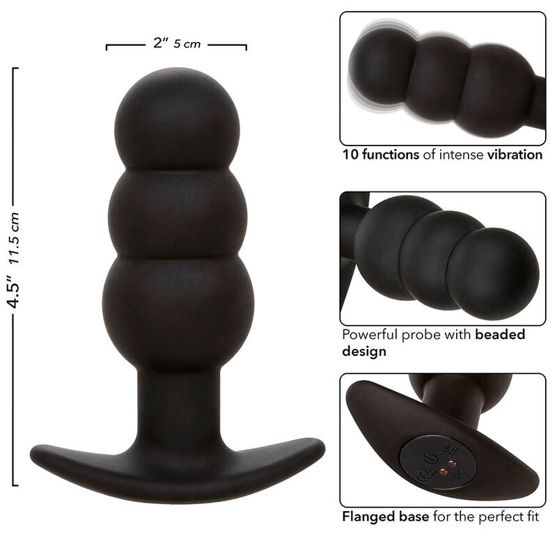 CALEXOTICS - PLUG ANAL CON CUENTAS, FONDO DE ROCA, 10 VIBRACIONES, SILICONA NEGRA