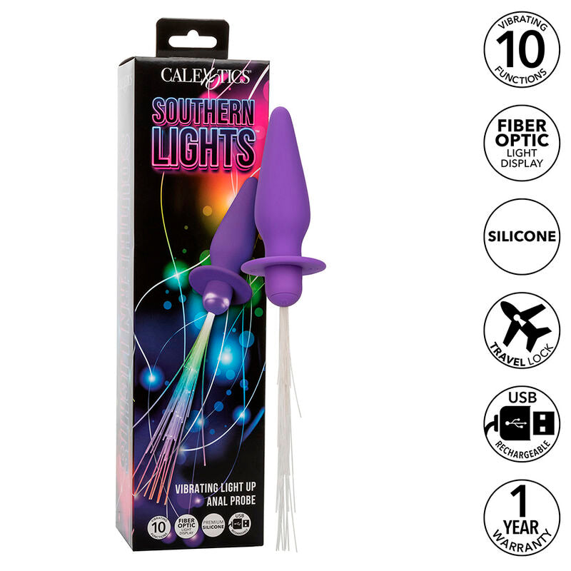 CALEXOTICS - PLUG ANAL ILUMINADO LUCES DEL SUR 10 VIBRACIONES SILICONA MORADA