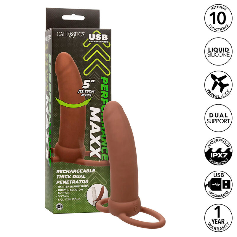 CALEXOTICS - MAXX THICK DOUBLE PÉNÉTRATEUR 10 VIBRATIONS BROWN