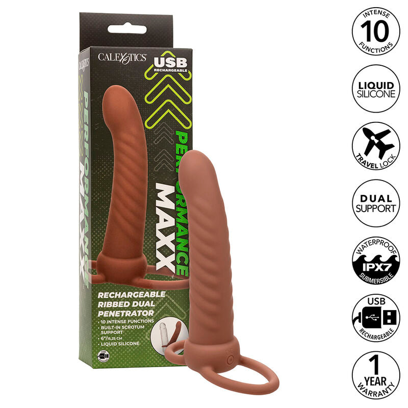 CALEXOTICS - MAXX RIBBED DOUBLE PENETRATOR 10 VIBRATIONS BROWN