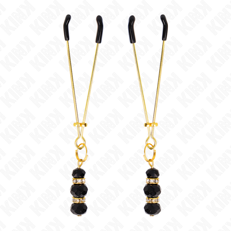 KINK - PINZAS PARA PEZONES FINAS DORADAS CON 3 BOLAS DE CRISTAL NEGRO DE 7 CM