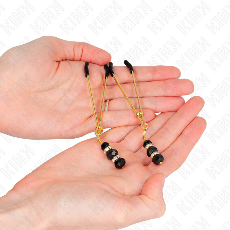 KINK - PINZAS PARA PEZONES FINAS DORADAS CON 3 BOLAS DE CRISTAL NEGRO DE 7 CM