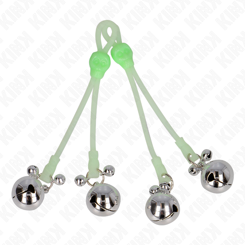 KINK - PINCES À TETON LUMINUSES CRÂNE AVEC ANNEAU CLOCHES RÉGLABLES VERT / ARGENT