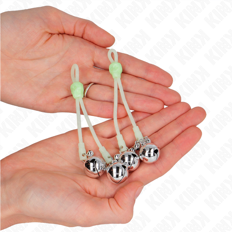 KINK - PINCES À TETON LUMINUSES CRÂNE AVEC ANNEAU CLOCHES RÉGLABLES VERT / ARGENT