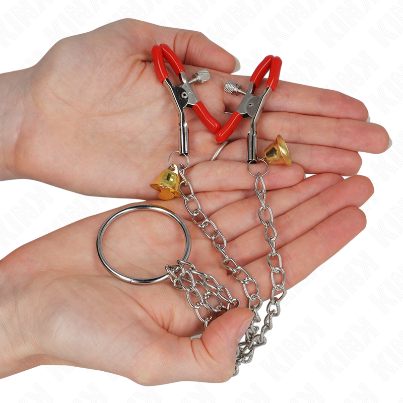 KINK - PINZAS PARA CLÍTORIS DE TRIPLE CAMPANA ROJAS CON CADENA DE 30 CM