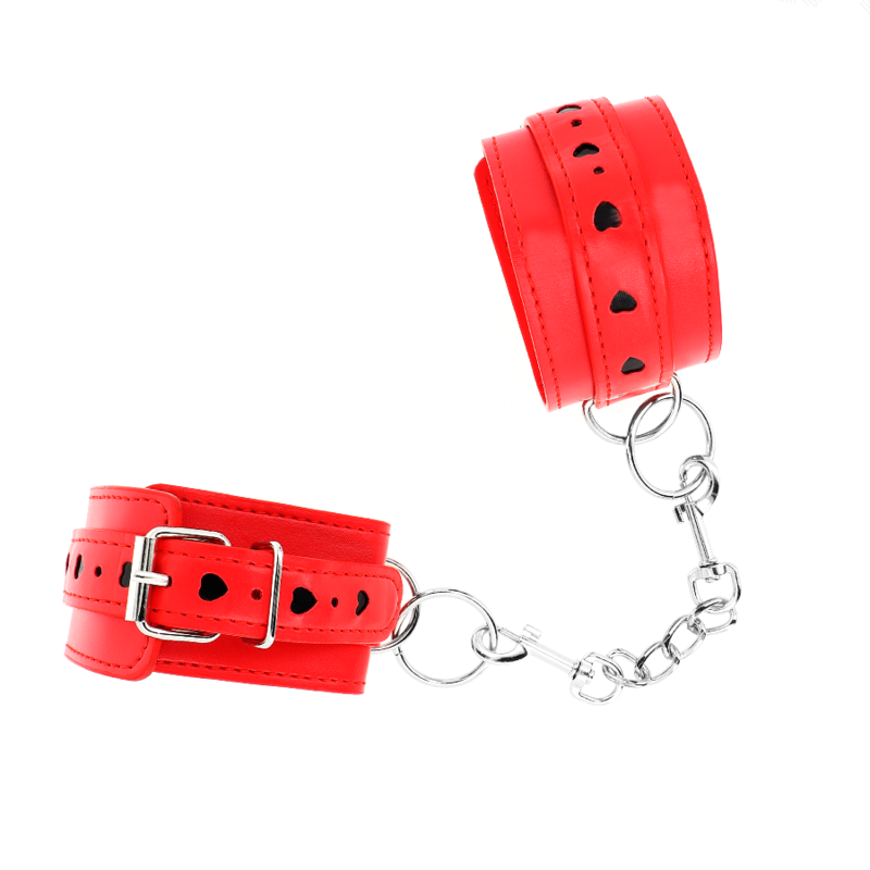 KINK - APPAREILS-POIGNETS ROUGES AVEC INCRUSTATION COEUR NOIR RÉGLABLE 21-28 CM