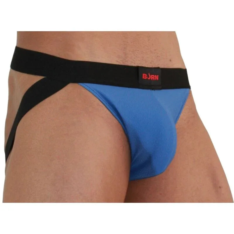 BURN 008, jockstrap bleu uni et noir porté, vue de trois quarts