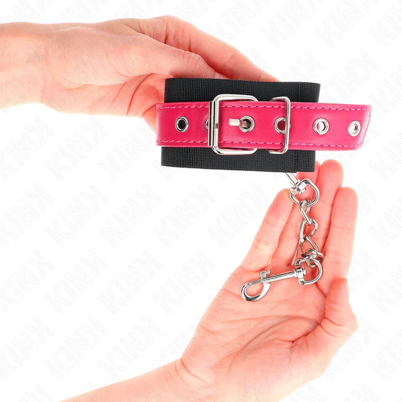 Kink – Appui Poignets en Nylon Noir avec Ceinture en Cuirette Rose Framboise Ajustable 19 29