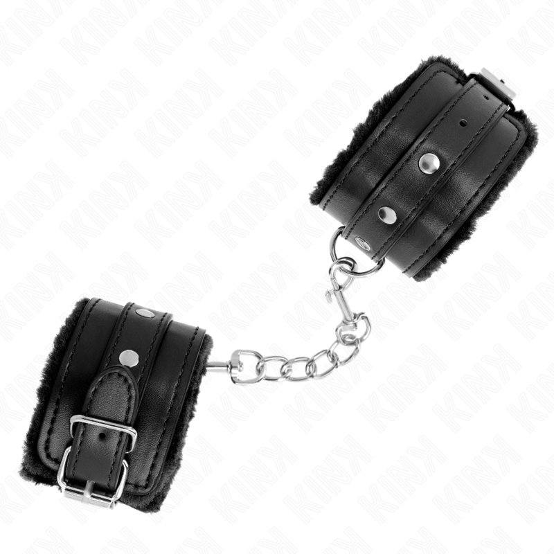 KINK - APPUI-POIGNETS DOUBLÉS DE FOURRURE PREMIUM NOIR AVEC CEINTURE NOIRE RÉGLABLE 17-29 CM