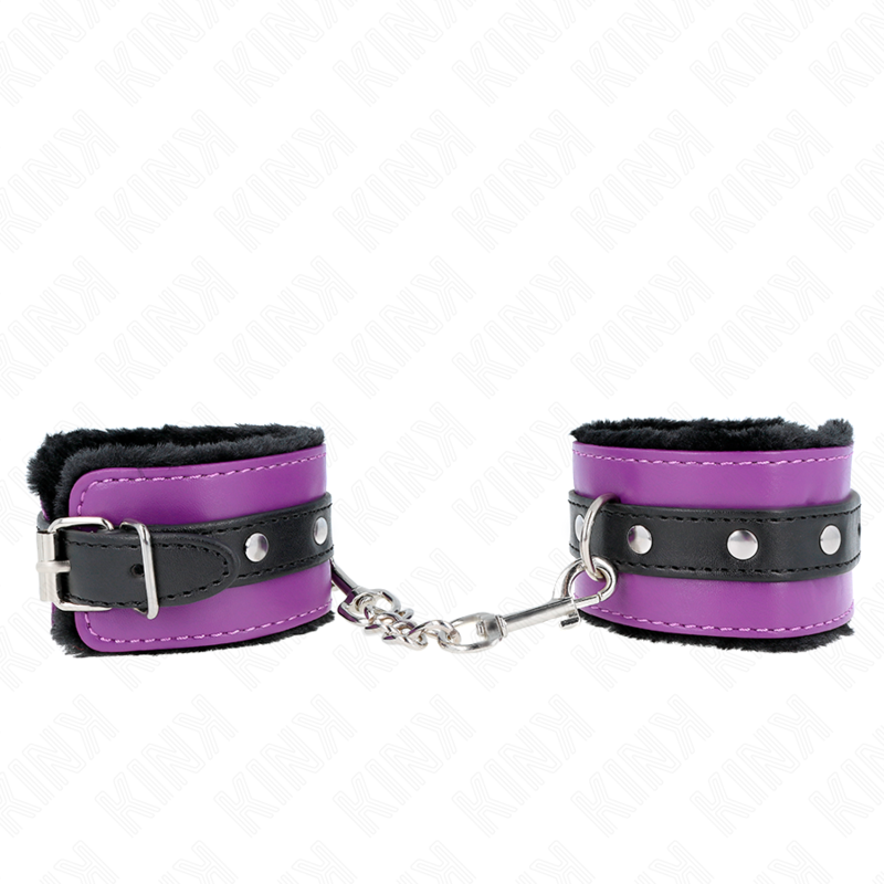KINK - REPOSAMUÑECAS PREMIUM CON FORRO DE PIEL NEGRA Y CINTURÓN AJUSTABLE MORADO/NEGRO 17-29 CM X 6 CM