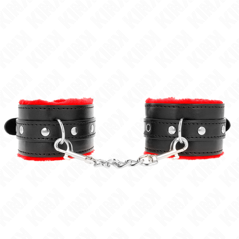 KINK - SUJECIONES DE MUÑECA PREMIUM CON FORRO DE PELO ROJO Y CINTURÓN NEGRO AJUSTABLE 17-29 CM X 6 CM