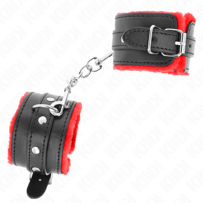 KINK - SUJECIONES DE MUÑECA PREMIUM CON FORRO DE PELO ROJO Y CINTURÓN NEGRO AJUSTABLE 17-29 CM X 6 CM