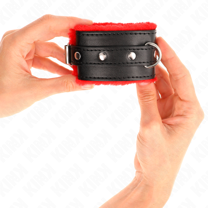 KINK - SUJECIONES DE MUÑECA PREMIUM CON FORRO DE PELO ROJO Y CINTURÓN NEGRO AJUSTABLE 17-29 CM X 6 CM