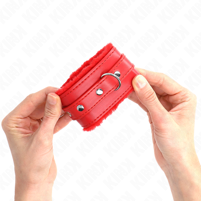 KINK - SUJECIONES DE MUÑECA PREMIUM CON FORRO DE PELO ROJO Y CINTURÓN ROJO AJUSTABLE 17-29 CM X 6 CM