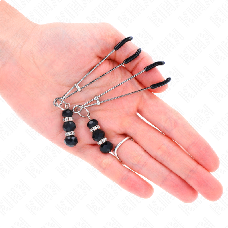 KINK - PINZAS PARA PEZONES FINAS DORADAS CON 3 BOLAS DE CRISTAL NEGRO DE 7 CM