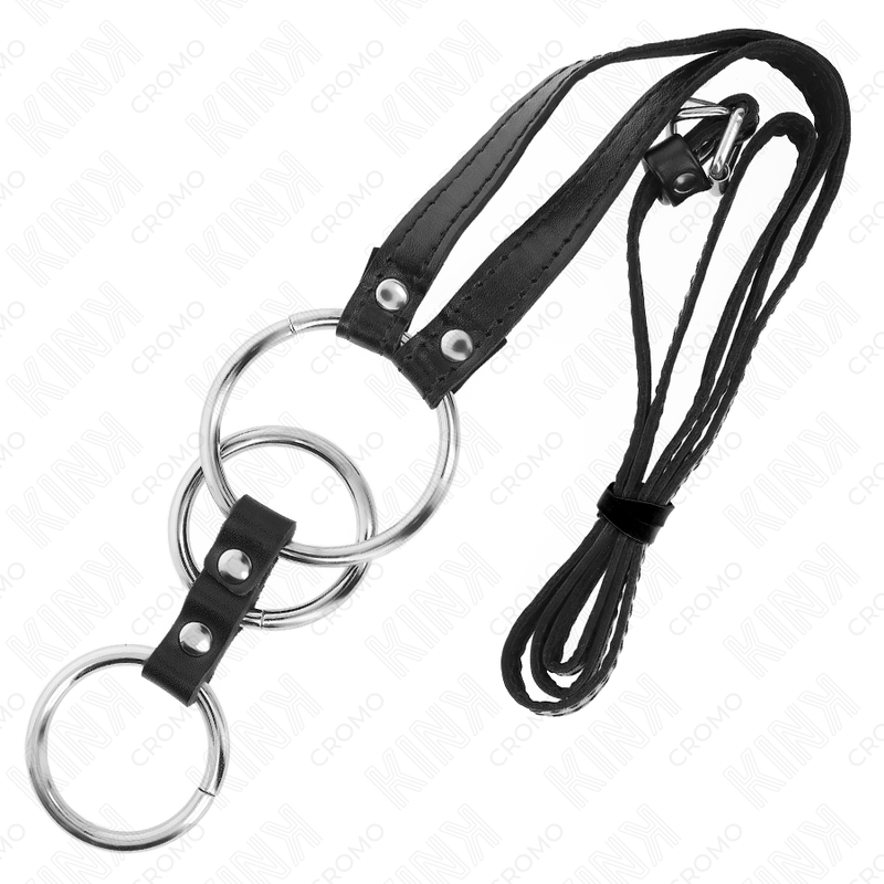 KINK - ANILLO PARA PENE TRIPLE DE METAL DE 3,8 CM A 5 CM CON CINTURÓN DE CUERO DE 112 CM