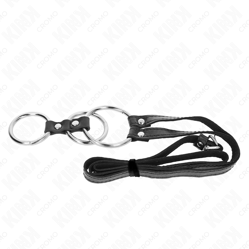 KINK - ANILLO PARA PENE TRIPLE DE METAL DE 3,8 CM A 5 CM CON CINTURÓN DE CUERO DE 112 CM