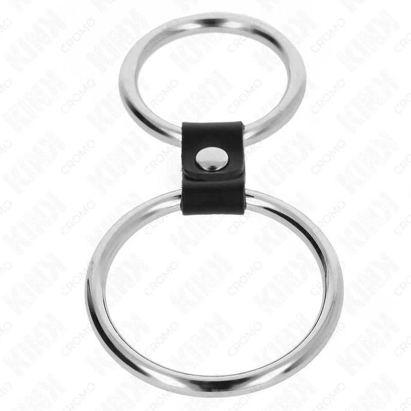 KINK - ANILLO DOBLE DE METAL PARA EL PENE DE 3,7 CM A 5 CM CONECTADO POR CORREA DE CUERO MODELO 1