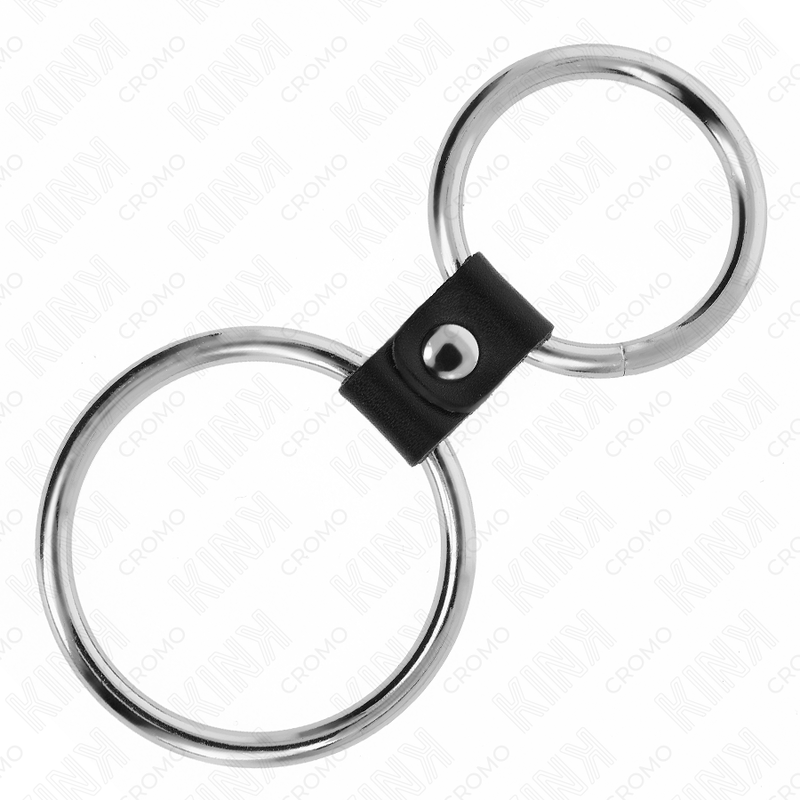 KINK - ANILLO DOBLE DE METAL PARA EL PENE DE 3,7 CM A 5 CM CONECTADO POR CORREA DE CUERO MODELO 1