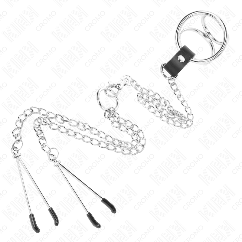 KINK - ANNEAU PÉNIS EN MÉTAL TRIPLE CHROME 3 CM À 4.5 CM AVEC CHAÎNE EN MÉTAL DE 26 CM ET PINCES À TÉTONS